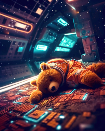 High Resolution: Adorable brown teddy bear in orange astronaut suit lying on futuristic spaceship floor with glowing blue and red patterns download. | HRJPG.com