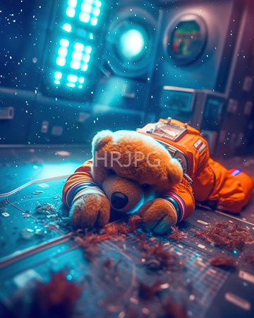 High Resolution: Anthropomorphic teddy bear in orange astronaut suit lying on metallic floor with scattered crumbs and glowing blue lights download. | HRJPG.com