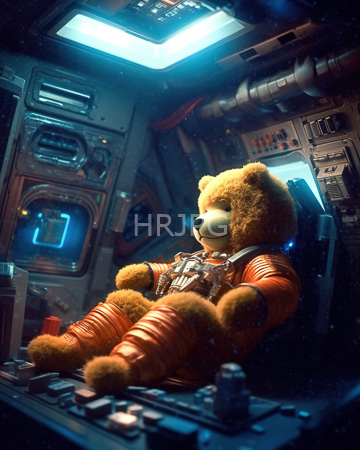 High Resolution: Anthropomorphic teddy bear in detailed shiny copper-colored astronaut suit seated inside futuristic spaceship cockpit download. | HRJPG.com