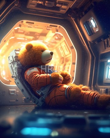 High Resolution: Anthropomorphic fluffy brown bear in orange astronaut suit seated inside futuristic spaceship's dim-lit corridor download. | HRJPG.com