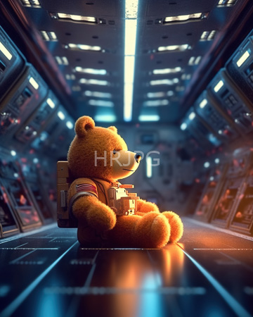 High Resolution: Orange fluffy teddy bear with American flag patch on its backpack sitting in space-like corridor holding small toy spaceship download. | HRJPG.com