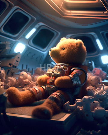 High Resolution: Anthropomorphic teddy bear in sci-fi astronaut gear sitting amidst numerous small plush toys inside a futuristic spaceship cockpit download. | HRJPG.com