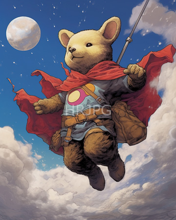 High Resolution: Anthropomorphic bear soaring through blue sky wearing superhero attire including red cape fluttering behind it download. | HRJPG.com
