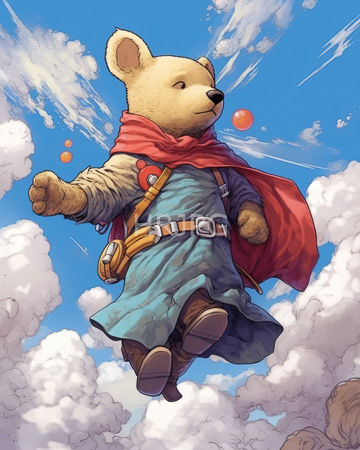 High Resolution: Anthropomorphic bear soaring through fluffy white clouds wearing medieval-style clothing including brown boots and a red cape download. | HRJPG.com