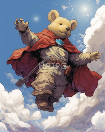 High Resolution: Anthropomorphic bear soaring in mid-air against a bright blue sky wearing a red cape adorned by a large turquoise gemstone download. | HRJPG.com