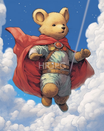 High Resolution: Anthropomorphic bear in medieval-style clothing soaring through fluffy white clouds download. | HRJPG.com