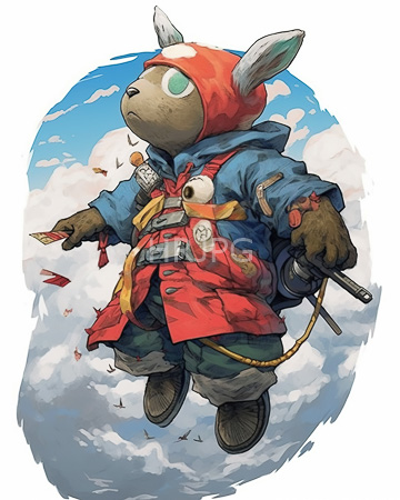 High Resolution: Anthropomorphic rabbit character floating in mid-air wearing tattered red and teal clothing download. | HRJPG.com
