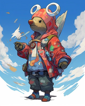 High Resolution: Anthropomorphic bear wearing a red patterned hood with white circular designs and small wings on its back download. | HRJPG.com