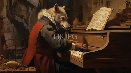 High Resolution: Anthropomorphic wolf with gray fur dressed in period clothing playing piano while reading sheet music download. | HRJPG.com