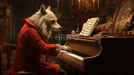 High Resolution: Anthropomorphic wolf with white fur wearing a red velvet coat and playing a wooden piano download. | HRJPG.com