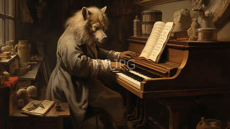 High Resolution: Anthropomorphic wolf with brown fur wearing a loose gray robe while playing a wooden piano download. | HRJPG.com