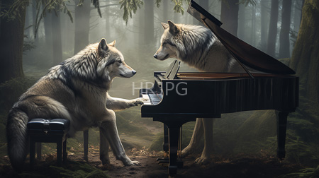 High Resolution: Two anthropomorphic wolves with gray and white fur playing piano in an ethereal forest setting download. | HRJPG.com
