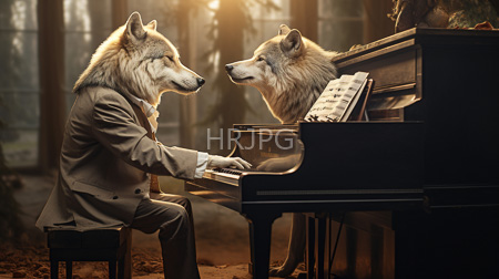 High Resolution: Two anthropomorphic wolves in brown suits playing piano and reading sheet music download. | HRJPG.com