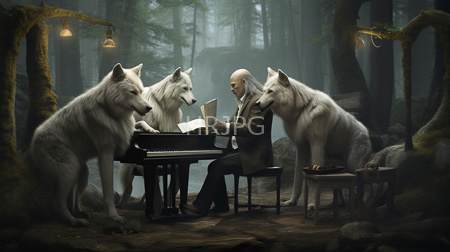High Resolution: Elderly bald man in formal attire playing piano surrounded by four large white wolves download. | HRJPG.com
