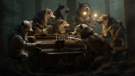 High Resolution: Seven anthropomorphic wolves playing music around an old wooden piano in a misty forest at night download. | HRJPG.com