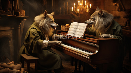 High Resolution: Two anthropomorphic wolves with gray fur and green robes playing an elegant wooden piano download. | HRJPG.com