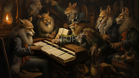 High Resolution: Anthropomorphic wolves in Victorian attire playing and singing around an old piano illuminated by warm lantern light download. | HRJPG.com