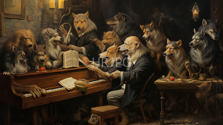 High Resolution: Anthropomorphic wolves in Victorian attire gathered around an upright piano played by one wolf wearing glasses download. | HRJPG.com