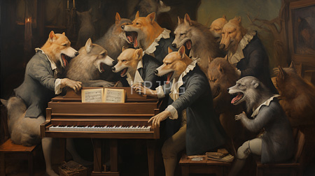 High Resolution: Anthropomorphic wolves and foxes dressed in formal eighteenth-century attire playing music around an upright piano download. | HRJPG.com