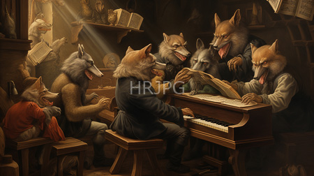 High Resolution: Anthropomorphic wolves in Victorian attire playing and singing around an upright piano download. | HRJPG.com
