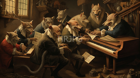 High Resolution: Seven anthropomorphic wolves in formal attire playing pianos and singing together inside an old-fashioned music room download. | HRJPG.com