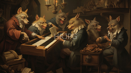 High Resolution: Six anthropomorphic wolves in Victorian-era clothing gathered around an upright piano playing music download. | HRJPG.com