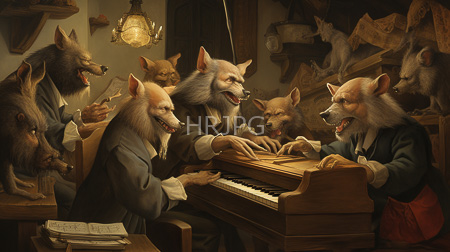 High Resolution: Anthropomorphic wolves in Victorian-era suits playing and singing around an upright piano download. | HRJPG.com