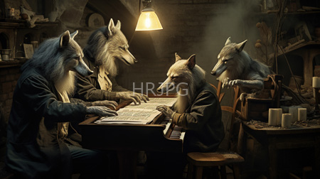 High Resolution: Five anthropomorphic wolves wearing dark brown coats in an old-fashioned workshop illuminated by warm yellow light download. | HRJPG.com