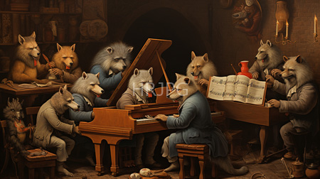 High Resolution: Anthropomorphic wolves in Victorian attire engaging with musical instruments and sheet music inside an ornate room download. | HRJPG.com