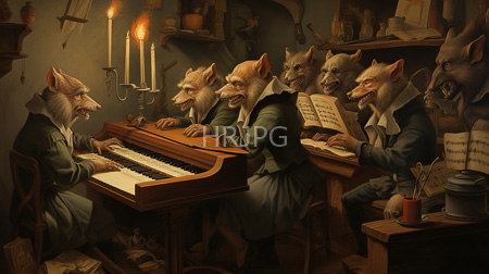 High Resolution: Anthropomorphic wolves in Victorian-era clothing playing and singing around an upright piano download. | HRJPG.com