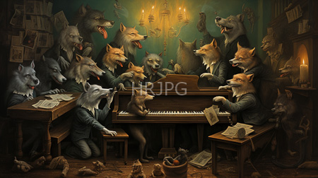 High Resolution: Anthropomorphic wolves in Victorian attire playing and singing around an upright piano download. | HRJPG.com