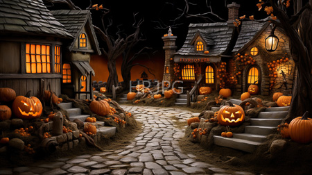 High Resolution: Eerie Halloween-themed village at night featuring two wooden houses with glowing windows download. | HRJPG.com
