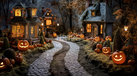High Resolution: Enchanting twilight Halloween scene featuring two wooden cottages with warm yellow lights download. | HRJPG.com