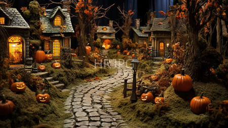 High Resolution: Intricately detailed autumn-themed diorama featuring cobblestone path winding through miniature houses download. | HRJPG.com