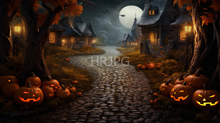 High Resolution: Eerie moonlit Halloween village with cobblestone path lined by glowing jack-o'-lanterns and autumn trees download. | HRJPG.com