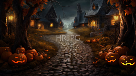High Resolution: Eerie cobblestone path leading to quaint Halloween-themed houses with glowing windows at night download. | HRJPG.com