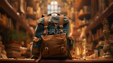High Resolution: Old wooden library with warm lighting featuring a teal backpack with brown leather straps download. | HRJPG.com