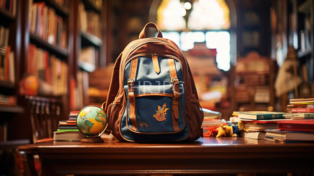 High Resolution: Ornate wooden library with warm lighting featuring a blue backpack adorned with brown leather straps download. | HRJPG.com