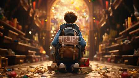 High Resolution: Adorable young boy with spiky brown hair wearing blue overalls kneeling on cobblestones before bookshelves filled books download. | HRJPG.com
