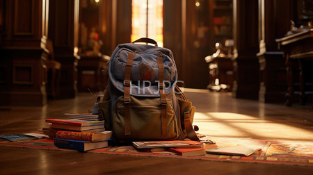 High Resolution: Indoor scene featuring two backpacks one blue with brown straps another tan sitting atop scattered books download. | HRJPG.com