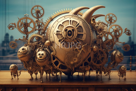 High Resolution: Intricate steampunk clockwork sculpture featuring numerous interlocking gears cogs and mechanical figures download. | HRJPG.com