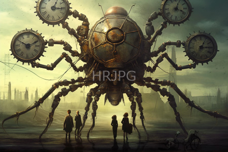 High Resolution: Enormous steampunk-style clock spider with six large clocks on its legs standing before silhouetted cityscape download. | HRJPG.com