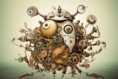 High Resolution: Intricate steampunk clockwork creature featuring various metallic gears and cogs in golds silvers bronzes download. | HRJPG.com