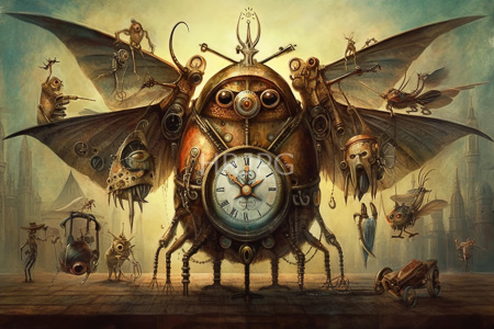 High Resolution: Intricate steampunk-style clock insect with large wings and multiple mechanical parts on its body download. | HRJPG.com