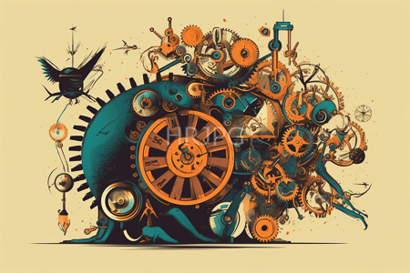 High Resolution: Intricate steampunk-inspired mechanical creature with large orange and teal gears on its body download. | HRJPG.com