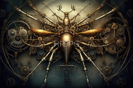 High Resolution: Intricate steampunk-style mechanical insect with brass and copper components against dark metallic gears download. | HRJPG.com
