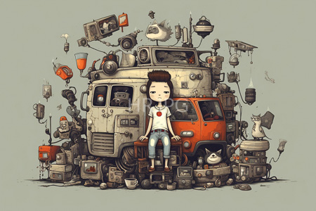 High Resolution: Young boy with short brown hair sitting atop a heavily modified vintage bus adorned with mechanical parts download. | HRJPG.com