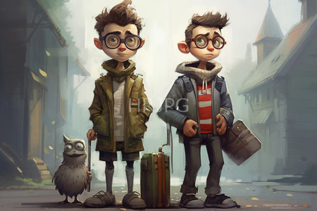 High Resolution: Two young boys with large glasses standing on an overcast street before medieval-style buildings download. | HRJPG.com