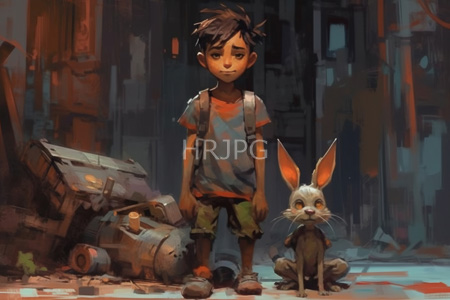 High Resolution: Uncertain young boy with messy black hair standing beside a small rabbit-like creature in dim urban alleyway download. | HRJPG.com