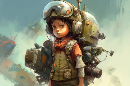 High Resolution: Anxious young girl with brown skin wearing futuristic armor including large transparent helmet and mechanical backpack download. | HRJPG.com